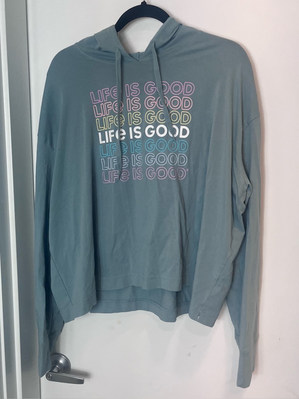Life Is Good Women's Hoodie Slate Blue Crusher Flex Multicolor Logo Spellout XL
